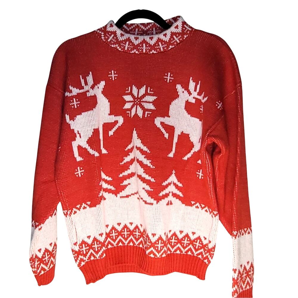 Vintage Fair Isle Christmas Sweater Reindeer Red & White Made In USA Diversity M